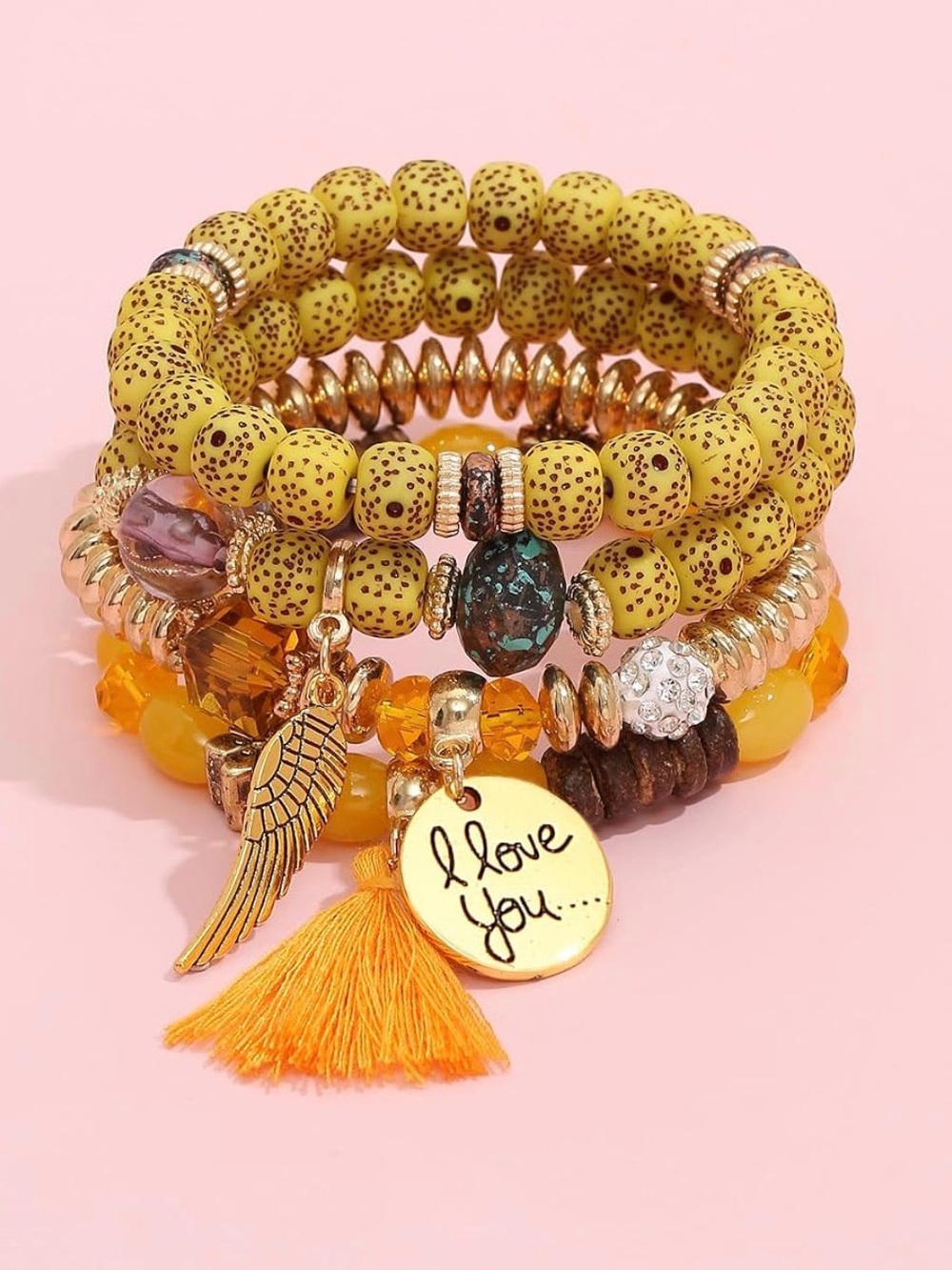 Yellow Beaded Charm Bracelet Stack with 'I Love You' Pendant